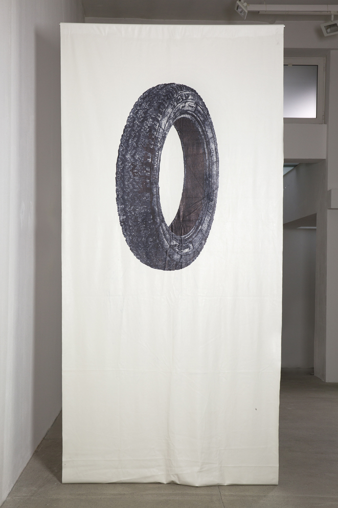 Black Wheel, Sharpie on vinyl leather fabric, 298x139cm, 2014