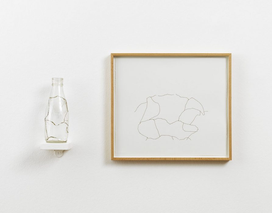 Amikam Toren, Simple Fractions (III), 1975, glass; araldite, shelf, framed drawing; print 36x40.5cm, Glass 22x7x7 cm