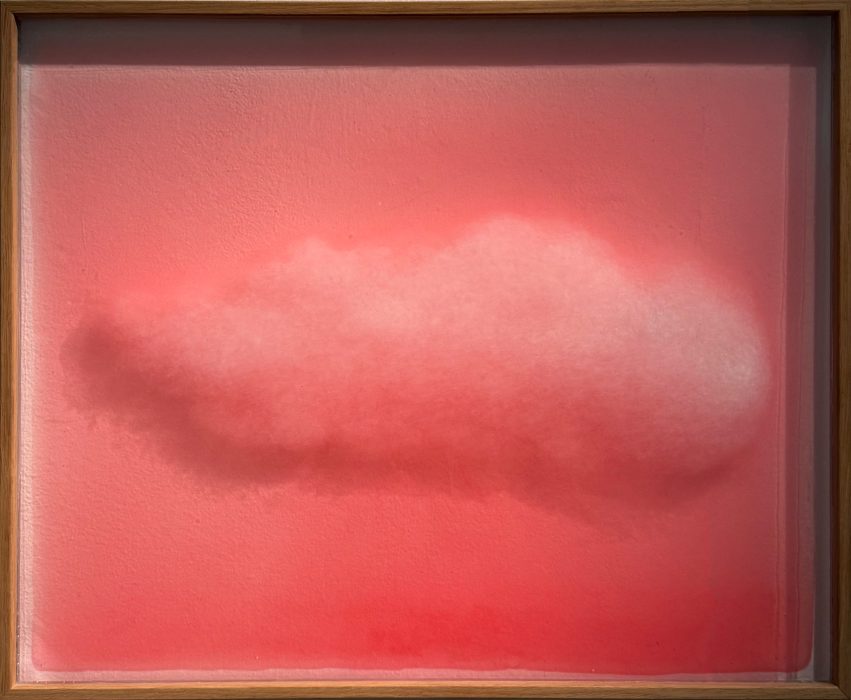 To Draw a Breath, white glue and acrylic pigment on glass, 51 x 41 cm, 2024