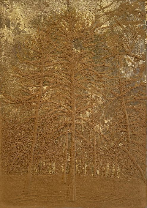 Sand and Glue, white glue, sand and gold leaf, 100x70 cm, 2025