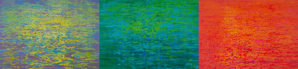 Matan Ben Tolila, Light On Water Tryptich, 2026 (The Sea Was A Mirror), Oil on canvas, 120 × 510 cm